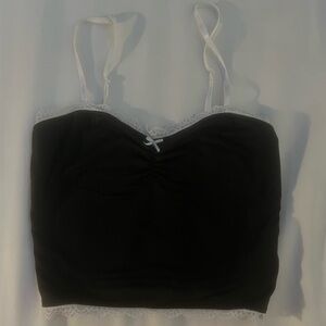 Black spaghetti strap with white ruffles